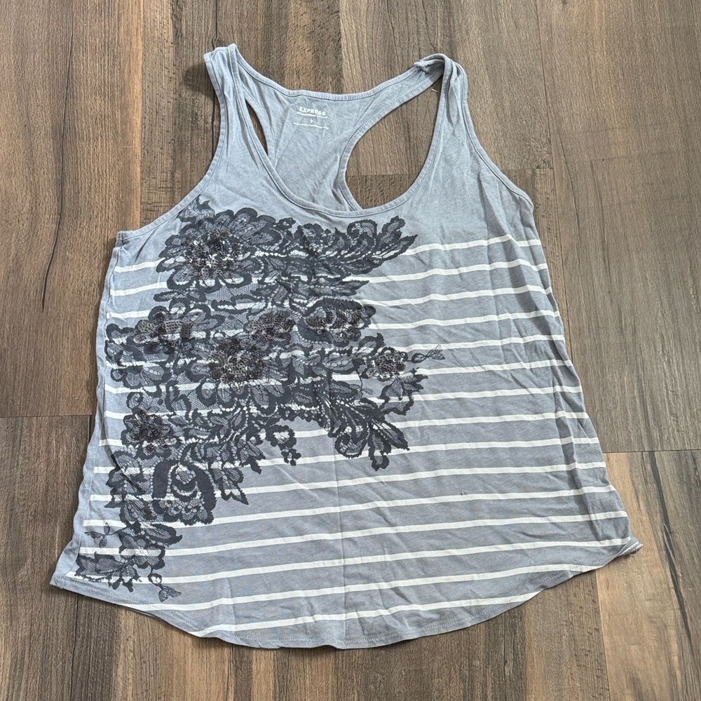 Express Gray and Black Floral Striped Tank Top